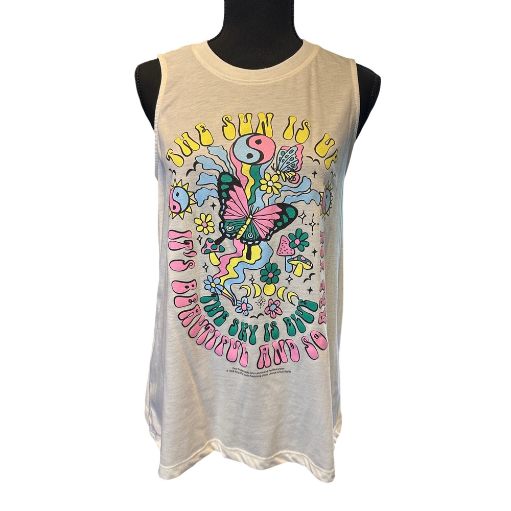 Lennon & McCartney Dear Prudence Tank Top Cream Butterfly Retro M Boho Festival